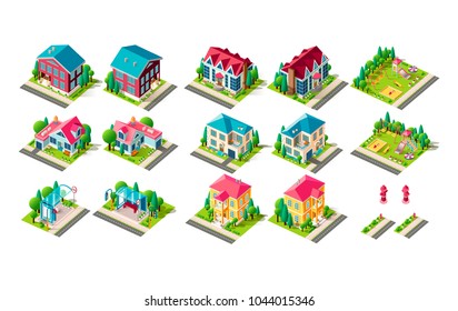 Set vector isolated isometric illustration country house vacation home, penthouse, bus station public transport stop road fire hydrant right left view playground children infrastructure element icon