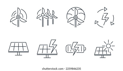 Set of vector isolated line icons, alternative energy sources, solar and wind generator.