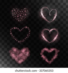 Set of vector isolated magic hearts. The collection of 6 shiny hearts. It can be used to make gifts, cards and advertising.