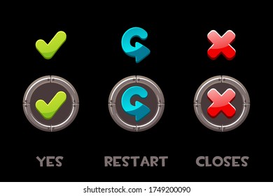 Set of vector isolated metal buttons and icons yes, restart, closes. A collection buttons for the user interface.