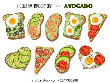 Set of vector isolated objects, beautifully served toasts with avocado on white bread, with different fillings, healthy food. Hand drawing and flat. Illustration for print, web site, menu design svg