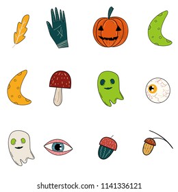 Set or vector isolated objects. Halloween Theme. Pumpkin, ghosts, mushrooms, esoteric elements. Bright colors, cartoony style. Holidays. Great for party design, decor elements.