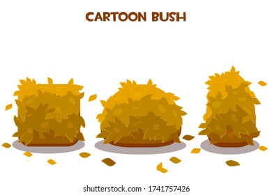 Set vector isolated orange dry autumn bushes. Collection of cartoon bushes of different shapes and leaf fall.