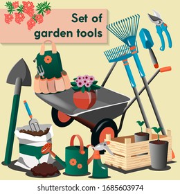 Set Vektorillustration einzeln auf Gartenwerkzeugen, grün und blau-
