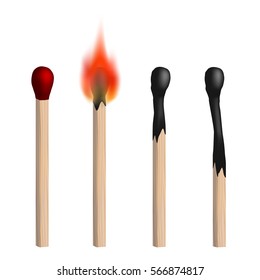 Set of vector isolated realistic matches. New, burning and burned matches on white background.