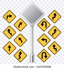 Set of vector isolated road arrows signs of traffic, turn and winding road.