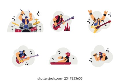 Set of vector isolated Rock band musicians. Guitar player, pianist, vocalist and drummer playing rock music, waist view. Modern competition rock show in disproportionate characters on white background