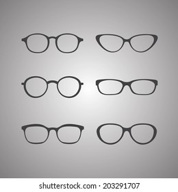Set of vector isolated round eyeglasses, spectacles icons. Retro, vintage assortment glasses with rims. Conceptual stereotype attributes of nerds, geeks, hipsters. Eye health care