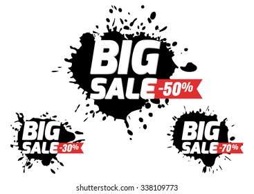 Set of vector isolated sale badges, labels and black watercolor backgrounds. Hand drawn banner template. Trendy design concept for special offer, poster, flyer design, shopping tag, discount card.