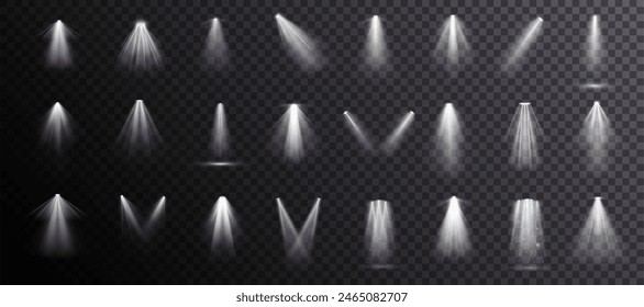 Set of vector isolated spotlight light effects. White glowing spotlight on a transparent background. Vector 10 EPS