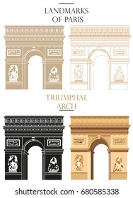 Set of vector isolated Triumphal Arch in black, white and colors: contour and silhouette on white background