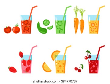 Set of vector  isolated vegetables, berries and fruits. Glass with juice. Healthy vegetarian food. Flat. Organic food. Vegetarian fresh product. Vegetable juice and smoothies. Fruits juice. Lemonade. 