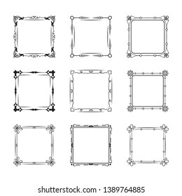 Set of vector isolated vintage square wedding frames and flourish borders. Calligraphic filigree design elements.