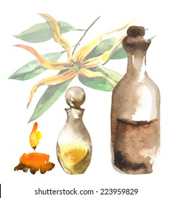 Set of vector isolated watercolor hand drawn objects for aromatherapy, all objects are separate. Transparency was used to create this file