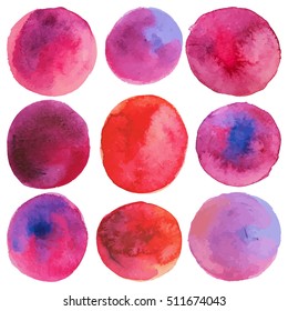 Set with vector isolated watercolor paint circles. Red, pink, purple colors.
