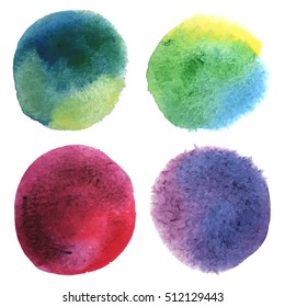 Set with vector isolated watercolor paint circles. Green, pink, red colors