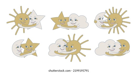 Set of vector isolated weather illustrations. Cute collection of happy embrace cloud sun star and moon icons
