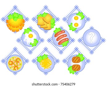 Set of vector isolates. Different food in stock. Bread, eggs, soup, hot dogs, burgers, fries and other.