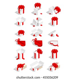 Set of vector isometric 3d flat gift boxes with bows and ribbons.