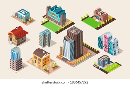 Set of vector isometric buildings for city construction. Modern urban design vector 3d flat style illustration.