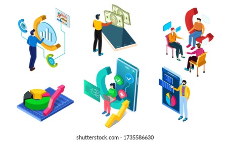 Conjunto de caracteres isométricos vectoriales. Los empresarios trabajan con nuevos proyectos. Conferencia, análisis, capacitación y otros materiales. Isométrica ilustración vectorial.