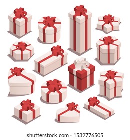 Set of vector isometric christmas gifts. Gift boxes of different shapes