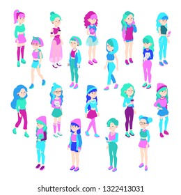 Set of vector isometric colorful vibrant bold girl