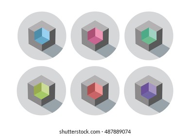 Set of vector isometric cubes with different color inside, blue, red, purple, lemon, green, pink, modern icon, abstract object