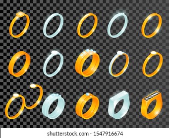 Set of vector isometric gold, silver, platinum rings with precious stones. Clipart on transparent background.