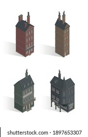 Set of vector isometric gothic houses. Vector illustration of vintage living block. London fairy buildings. Victorian, gloomy, dark and old style.