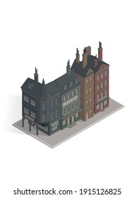 Set of vector isometric gothic houses in a row. Vector illustration of vintage living block. London fairy buildings. Victorian, gloomy, dark and old style. City element. Street buildings.