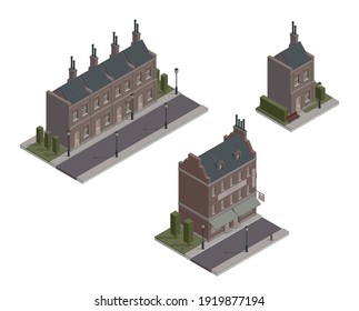 Set of vector isometric gothic houses. Vector illustration of vintage living block. London fairy buildings. Victorian, gloomy, dark and old style. City element. Street buildings. Suburban house. Hotel