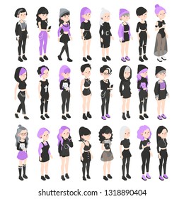 Set of vector isometric grunge girl