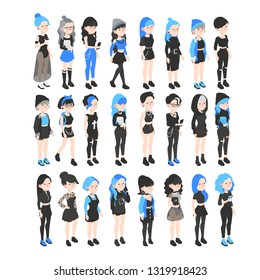Set of vector isometric grunge girl