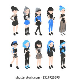Set of vector isometric grunge girl