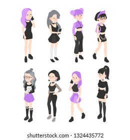 Set of vector isometric grunge girl