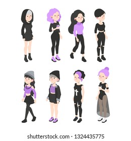 Set of vector isometric grunge girl