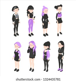 Set of vector isometric grunge girl