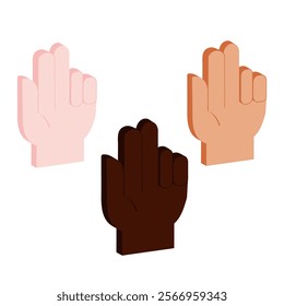 Set of vector isometric hands with two fingers up in peace or victory symbol. Scissors gesture. Three palms in the colors of the three races: Caucasian, Mongoloid, Negroid