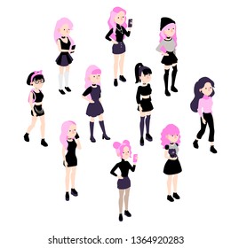 Set of vector isometric hipster girl