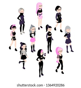 Set of vector isometric hipster girl