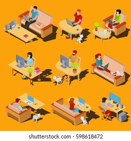 Set of vector isometric icons of men and women working on a computer and laptop at home.