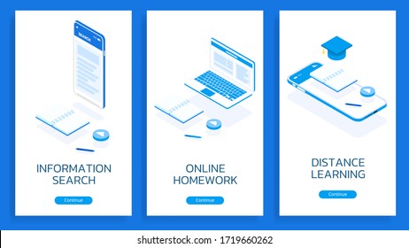 Set of vector isometric illustrations in blue on a white background. Images of online learning and study remotely at school, college, or courses. Includes school supplies, smartphone and a laptop.