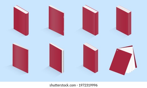 Set of vector isometric illustrations of book, notebook, notepad, magazine, booklet, brochure, book on a blue background. Notebooks open and closed