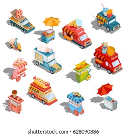 Set Of Vector Isometric Illustrations Cars Fast Delivery Of Food And Food Trucks, Street  Carts, Icons