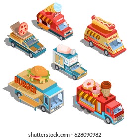 Set of vector isometric illustrations cars fast delivery of food and food trucks - pizza, ice cream, hot dogs, milk, hamburgers, donuts and coffee