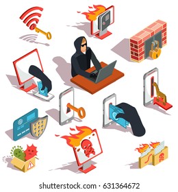 Set of vector isometric illustrations, hacker icons, computer security breach, information confidentiality, bank account hacking