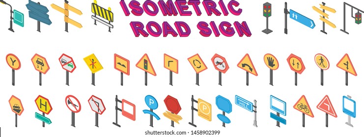 Set of vector isometric illustrations, icons of road signs and direction signs