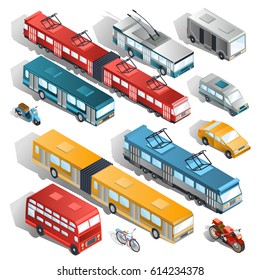 Set of vector isometric illustrations of municipal city transport buses, trolley bus, tram, taxi, shuttle taxi, motorcycle, scooter, bicycle