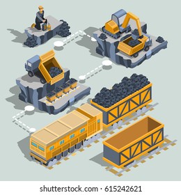Set of vector isometric isolated elements, icons of the coal mining industry miner, excavator, dumper, coal trolleys, railway carriage